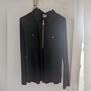 Anne Klein Top Sz Large Zipper Neckline Front Black Military Style Tunic L